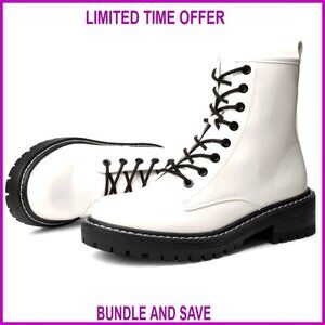 Faux Leather Combat Boots with Side Zipper Lace-Up Ankle Booties